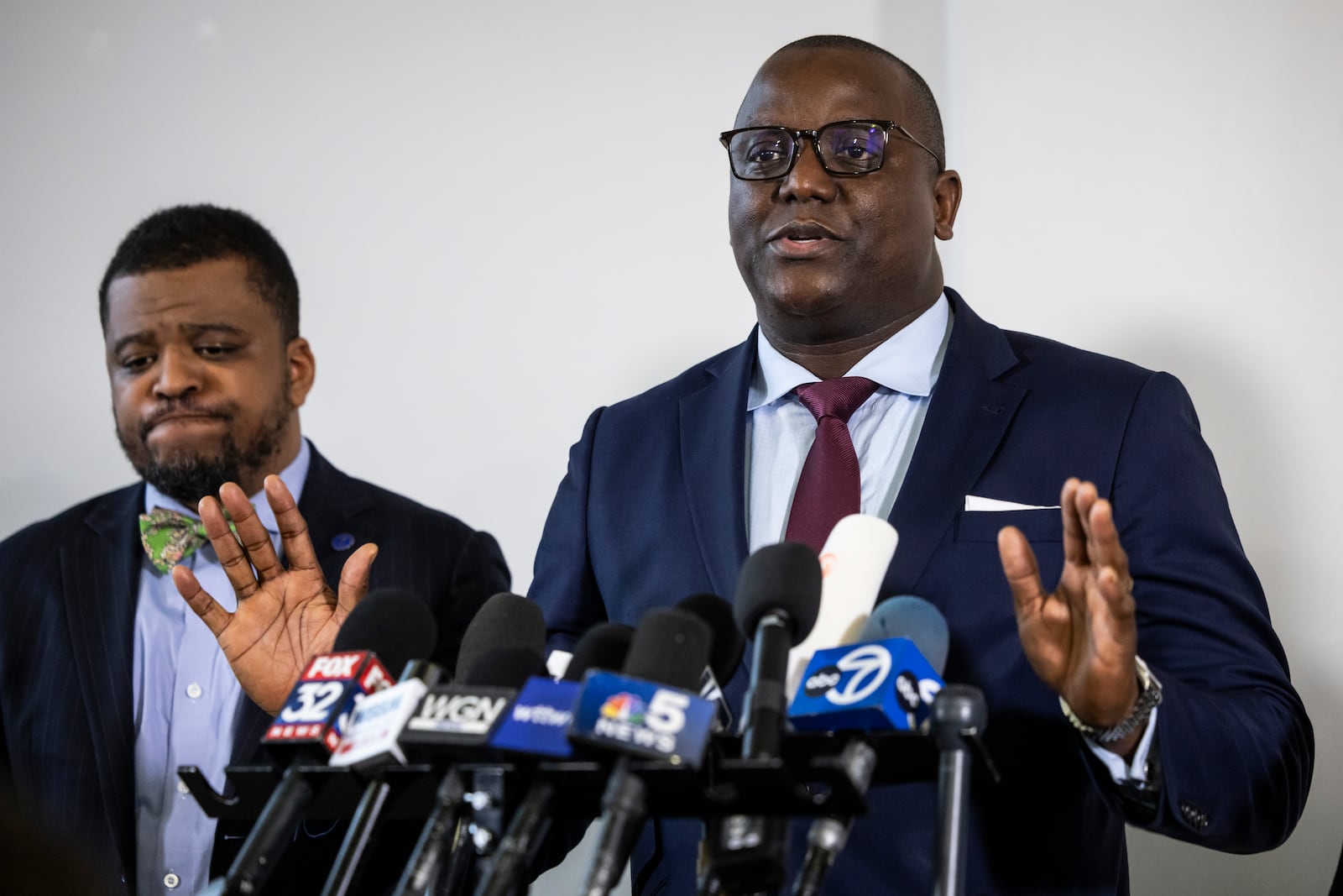 Jussie Smollett's lead defense attorney Nenye Uche speaks to reporters during a news conference Thursday, Nov. 21, 2024, In Chicago, after the Illinois Supreme Court overturned Smollett's conviction on charges of staging a racist and homophobic attack against himself in 2019 and lying to Chicago police. (Ashlee Rezin/Chicago Sun-Times via AP)