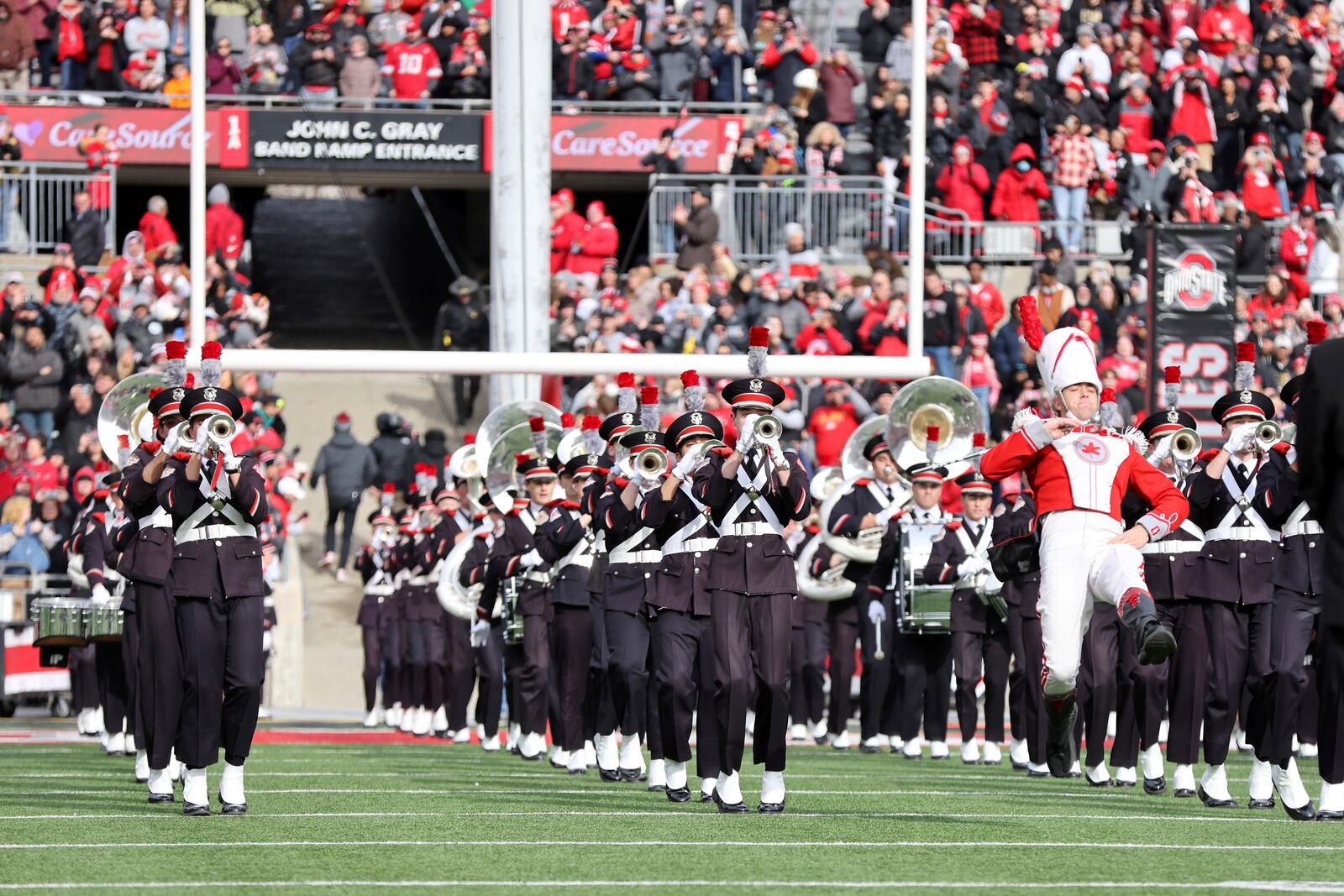 Ohio State Buckeyes Marching Band takes the field during the National Championship celebration at Ohio Stadium in Columbus, Ohio, Sunday, Jan. 26, 2025. (AP Photo/Joe Maiorana)