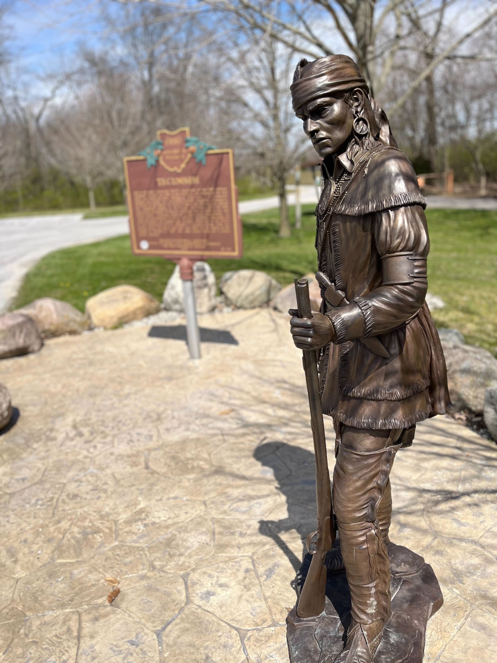 Statue of Tecumseh at the Shawnee Prairie Reserve in Darke County. Visitors from out of state visited Darke County attractions Sunday leading up to the 'Darke' Side of the Moon celebration Monday, April 8, 2024, for the total solar eclipse. RICH GILLETTE/STAFF