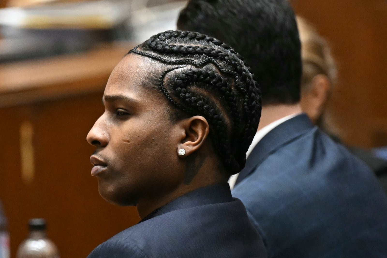 A$AP Rocky listens to closing arguments during his trial in Los Angeles, Friday, Feb. 14, 2024. (Patrick T. Fallon/ Pool Photo via AP)