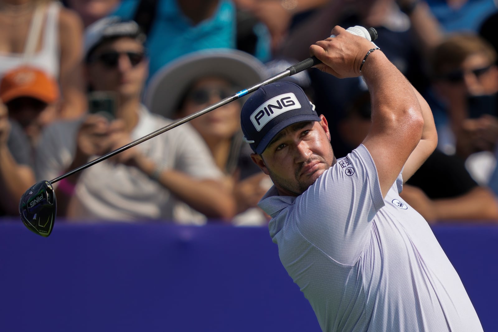 Thriston Lawrence of South Africa hits off the first tee during the first round of World Tour Golf Championship in Dubai, United Arab Emirates, Thursday, Nov. 14, 2024. (AP Photo/Altaf Qadri)