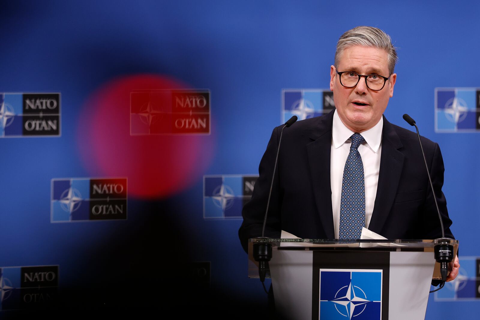 Britain's Prime Minister Keir Starmer speaks during a press conference at NATO headquarters in Brussels, Monday, Feb. 3, 2025. (AP Photo/Omar Havana, Pool)