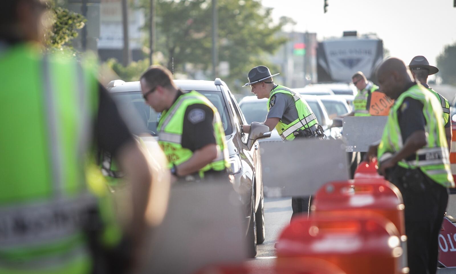 The Dayton Post of the Ohio State Highway Patrol in conjunction with the Montgomery County OVI Task Force conducts an OVI checkpoint on U.S. 35 West at state Route 49 July 19, 2019.  