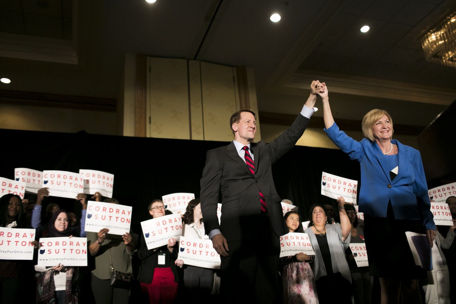 Richard Cordray, the Democratic candidate for governor of Ohio, and his running mate, Betty Sutton, celebrate at an election night party in Columbus, May 8, 2018. Cordray, the former director of the Consumer Financial Protection Bureau, is the Democrats’ best hope to take power in Columbus after years of Republican rule. (Maddie McGarvey/The New York Times)