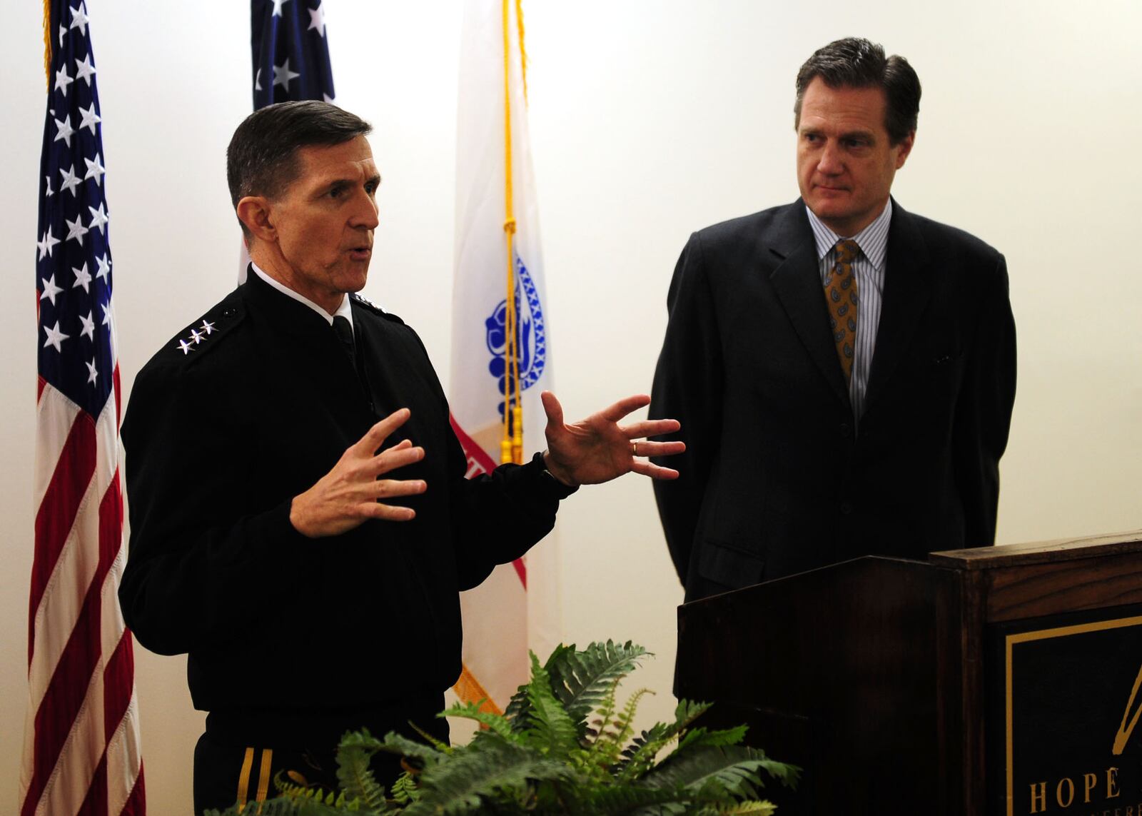  U.S. Army Lt. Gen. Michael T. Flynn, director of the Defense Intelligence Agency, and U.S. Rep. MIke Turner spoke at a press conference at the Hope Hotel in an undated Air Force photo.  (U.S. Air Force photo/Airman 1st Class James Jacobs)