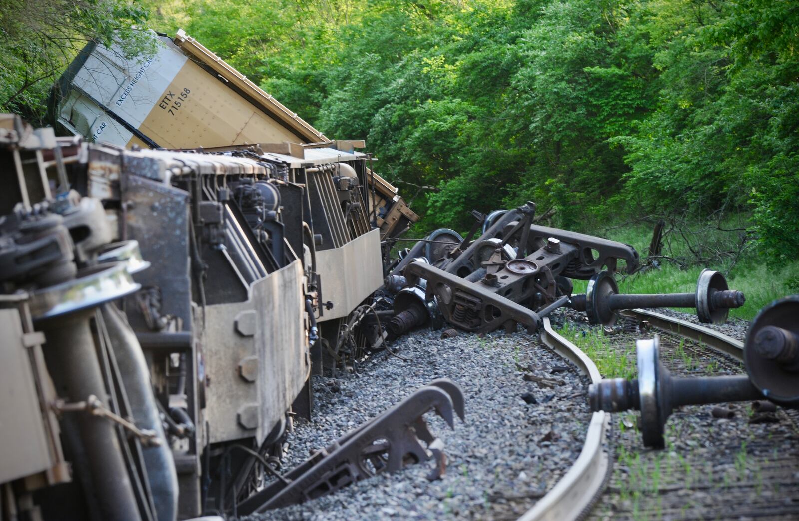 Several train cars derailed and railroad tracks were damaged Thursday afternoon, May 12, 2022, in Mad River Twp. in Clark County. MARSHALL GORBY/STAFF