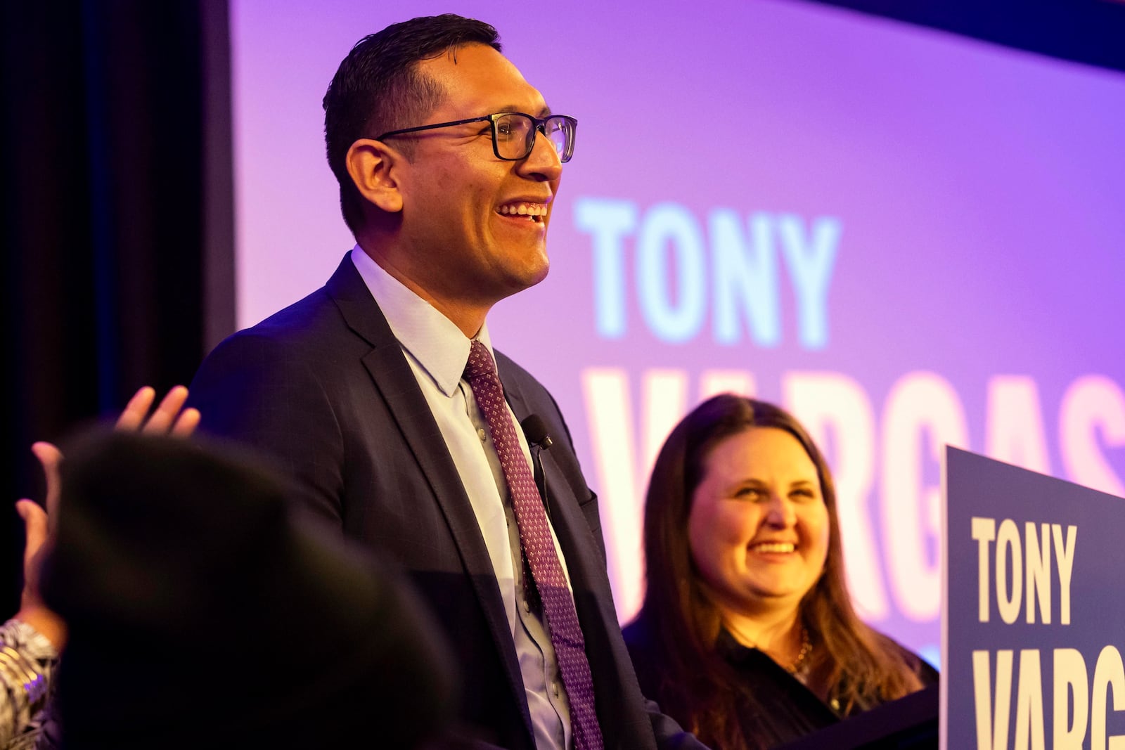 State Sen. Tony Vargas speaks to supporters in Omaha, Neb., on Tuesday, Nov. 5, 2024. (Megan Nielsen/Omaha World-Herald via AP)