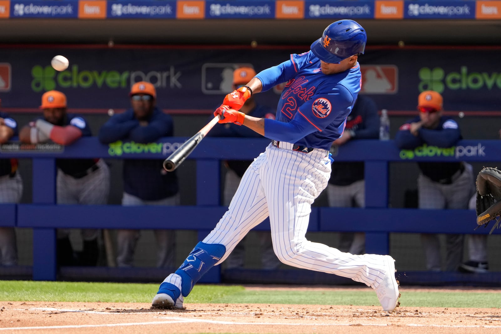 New York Mets' Juan Soto hits a solo home run during the first inning of a spring training baseball game against the Houston Astros Saturday, Feb. 22, 2025, in Port St. Lucie, Fla. (AP Photo/Jeff Roberson)