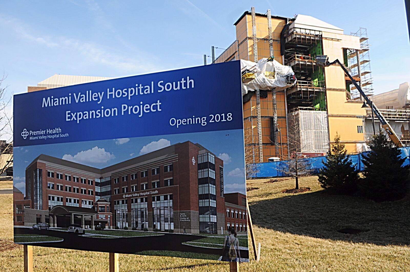 Work continues on the Miami Valley Hospital South expansion project in Centerville. A spine and joint center will be the cornerstone of the $60 million project. MARSHALL GORBY / STAFF