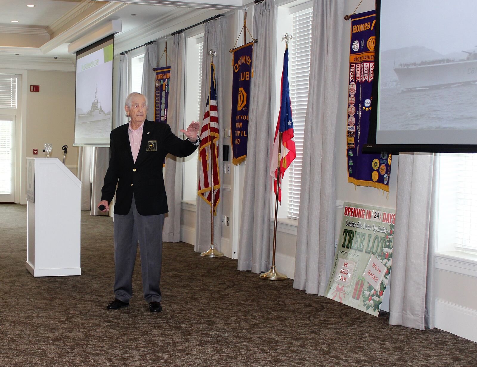 Centerville resident Ralph Young is shown speaking to the Centerville Noon Optimists group last week. He offers to speak to groups free of charge to help educate more people about the lesser known battles in which he fought during War War II. CONTRIBUTED