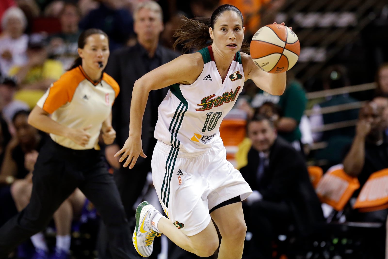 FILE - Seattle Storm's Sue Bird in action against the Los Angeles Sparks in a WNBA basketball game Saturday, June 6, 2015, in Seattle. (AP Photo/Elaine Thompson, File)