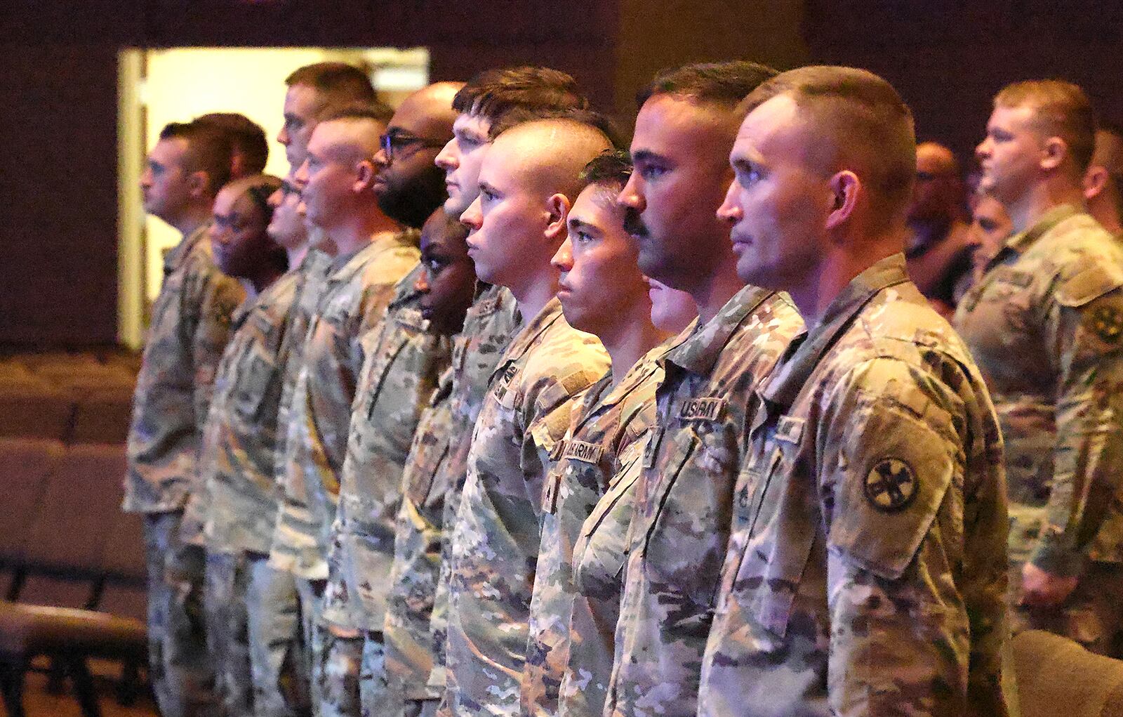 Members of the  Ohio Army National Guard 1137th Tactical Installation Networking Enhanced Signal Company, during a Call to Duty Ceremony for the unit Saturday, August 31, 2024 at the First Christian Church in Springfield. BILL LACKEY/STAFF