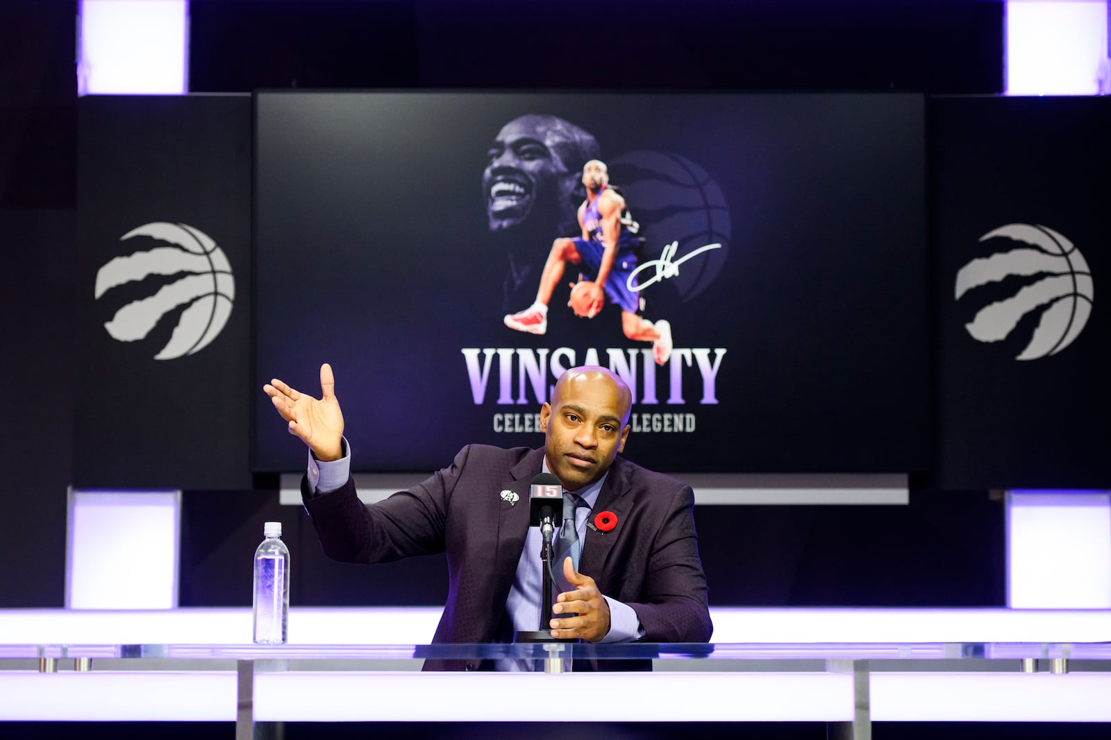 Former Toronto Raptors player Vince Carter speaks to media ahead of his number retirement, before an NBA basketball game between the Toronto Raptors and the Sacramento Kings at the Scotiabank arena in Toronto on Saturday, Nov. 2, 2024. (Christopher Katsarov/The Canadian Press via AP)