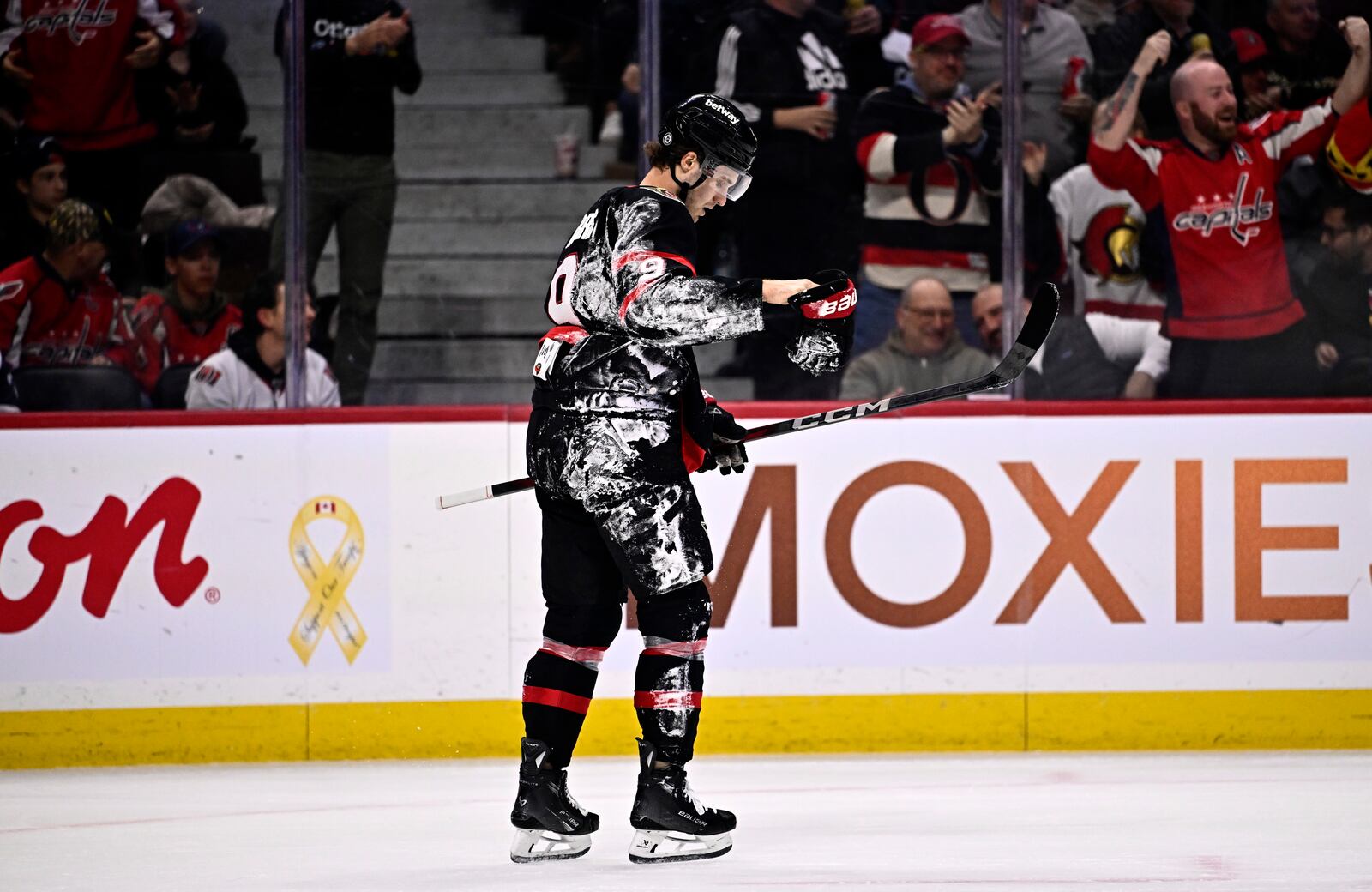 Ottawa Senators' Josh Norris (9) prepares to take a penalty shot after getting tripped by Washington Capitals' John Carlson (not shown) during second period NHL hockey action in Ottawa, on Thursday, Jan. 30, 2025. (Justin Tang/The Canadian Press via AP)