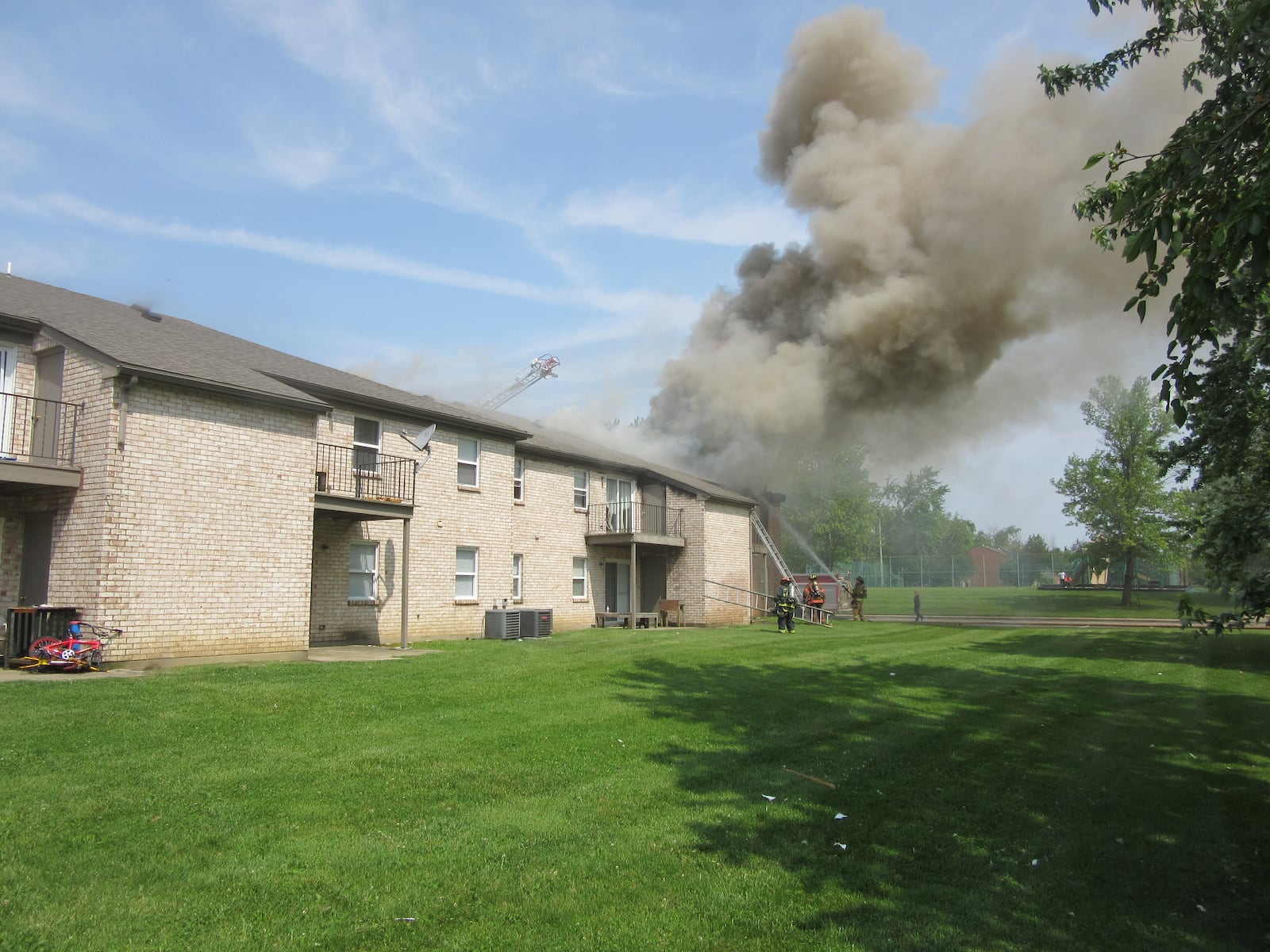 Firefighters battle blaze at Wingate at Belle Meadows apartment complex on Shiloh Springs Road in Trotwood,.