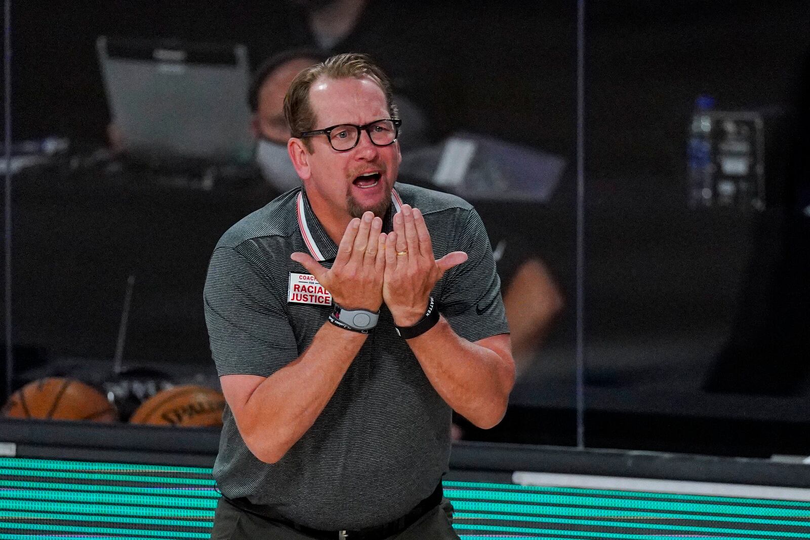 Toronto Raptors head coach Nick Nurse gestures during the first half of an NBA conference semifinal playoff basketball game against the Boston Celtics Wednesday, Sept. 9, 2020, in Lake Buena Vista, Fla. (AP Photo/Mark J. Terrill)