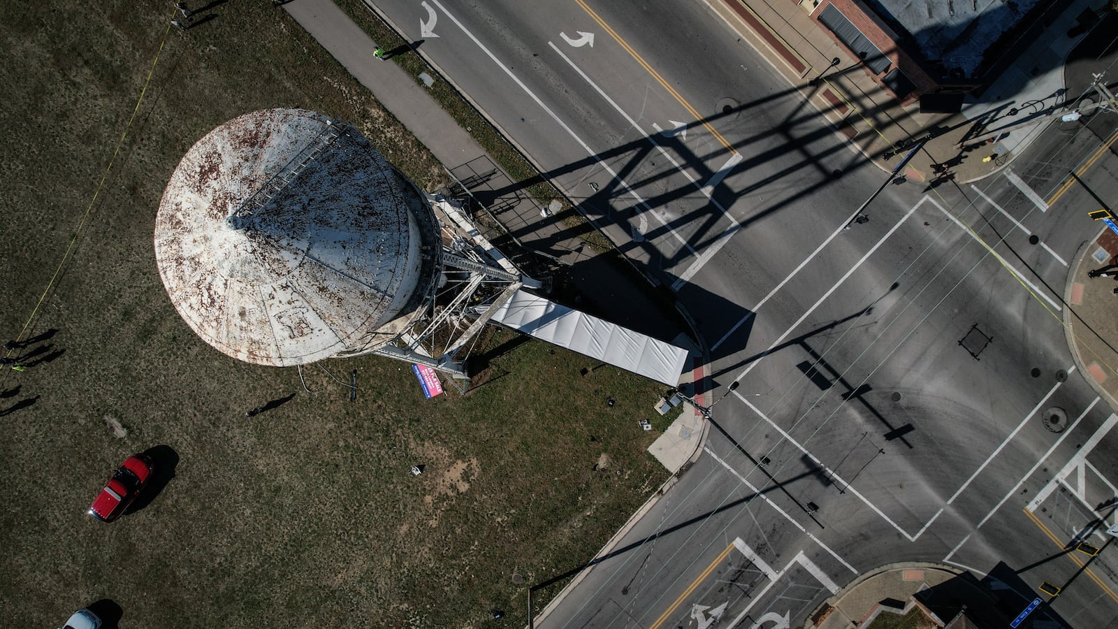 A semi driver was injured after crashing into a water tower no longer in use in West Carrollton on Tuesday, Nov. 7, 2023. JIM NOELKER/STAFF