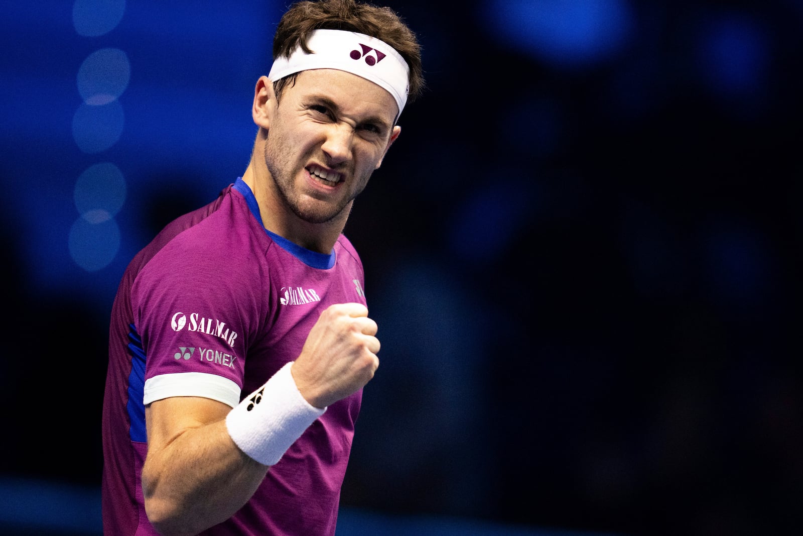 Norway's Casper Ruud reacts during a match against Russia's Andrey Rublev at the ATP World Tour Finals tennis tournament in Turin, Italy, Friday, Nov. 15, 2024. (Marco Alpozzi/LaPresse via AP)