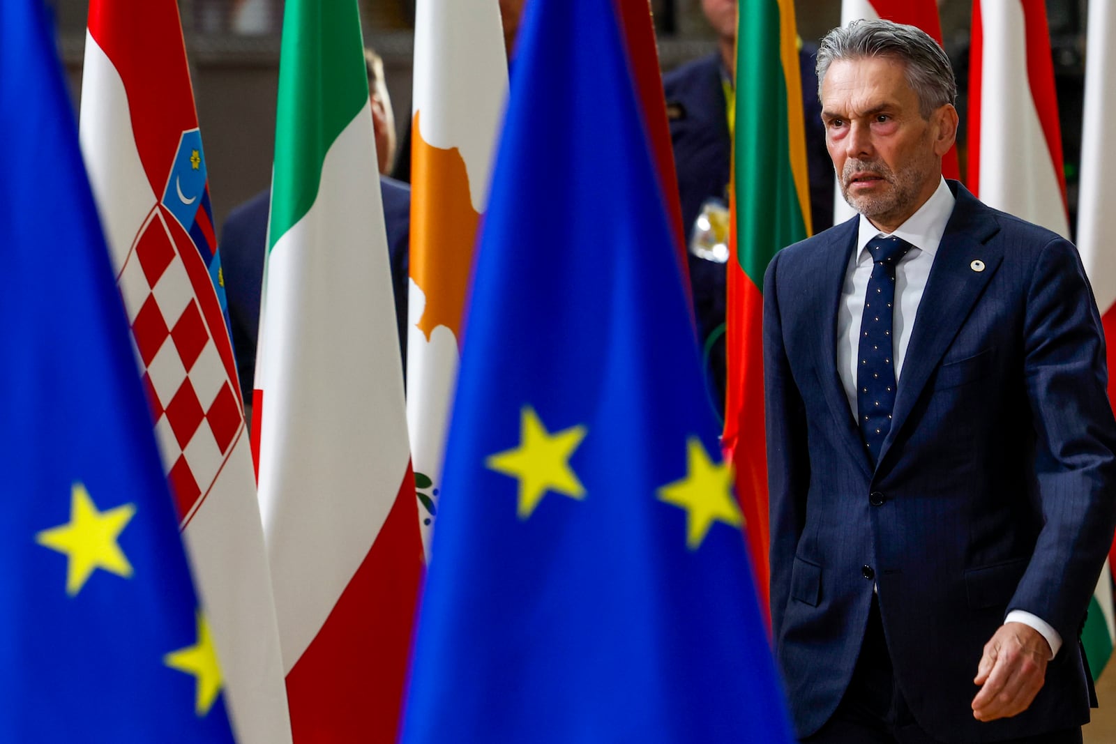 Netherland's Prime Minister Dick Schoof arrives to an EU summit in Brussels, Thursday, Oct. 17, 2024. (AP Photo/Geert Vanden Wijngaert)