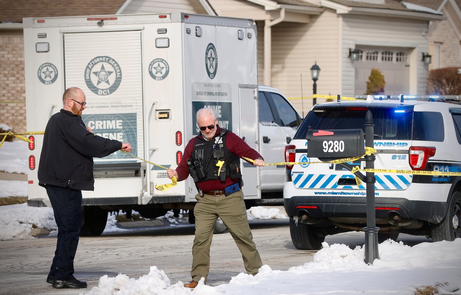 A person was killed and an officer was injured during shooting in the 9200 block of Sawgrass Drive in Miami Twp. on Wednesday, Feb. 19, 2025. MARSHALL GORBY/STAFF