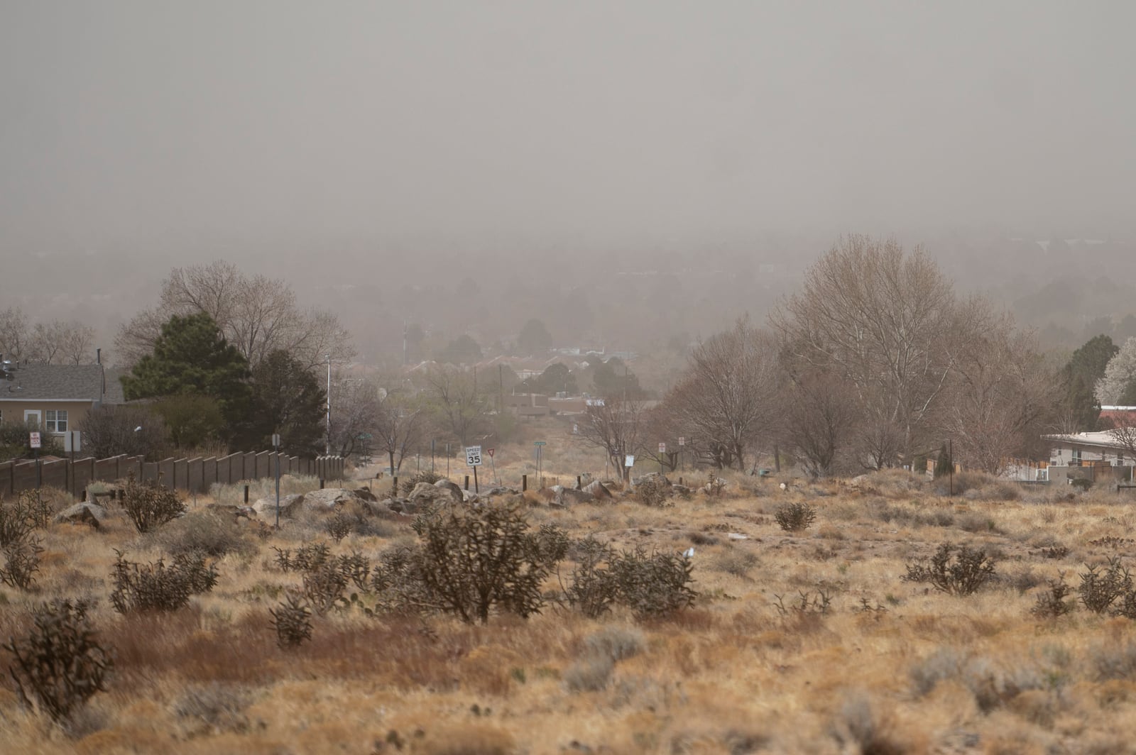 Dust obscures Albuquerque, N.M., as pictured near the Menaul Trailhead on Tuesday, March 18, 2025. (Jon Austria/The Albuquerque Journal via AP)