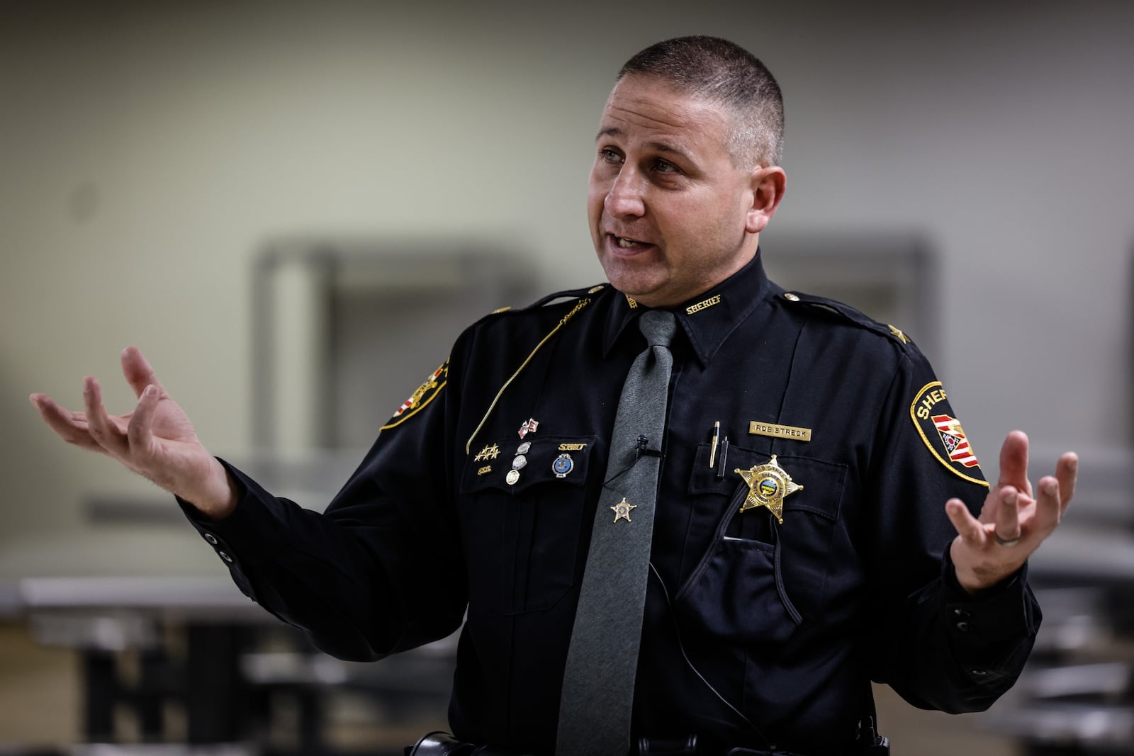 During a jail tour, Sheriff Rob Streck showed that the old sheriff’s office space, converted years ago to hold more beds, has leaks when it rains and has water stains on the floor. JIM NOELKER/STAFF