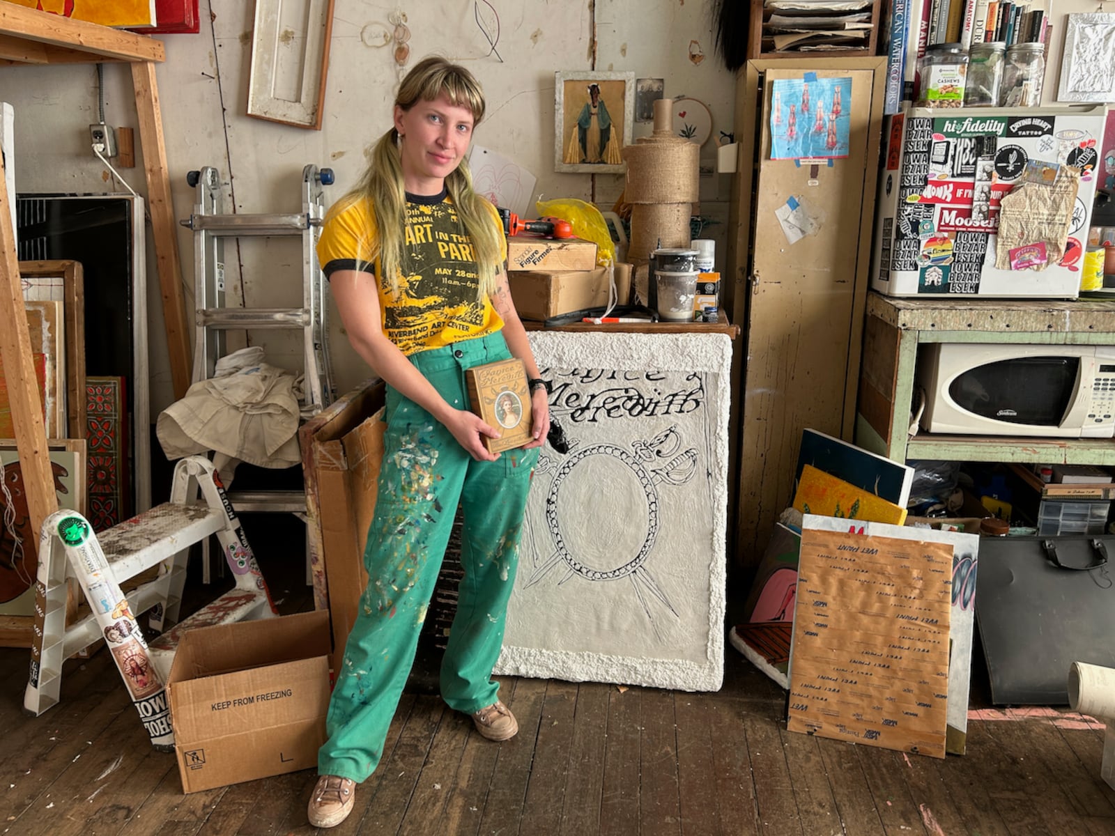 Ashley Speelman in her studio. “My whole life I’ve wanted to try to be an environmental activist in my own way and try to figure out how to do it in art. My great-grandmother was born and raised in Dayton. She was an artist and would teach classes in the Great Depression called ‘Something From Nothing’. She would show people how to make art out of trash and things around the house. She saw value in every last thing. I base my whole art practice around that dogma. I want to carry on her legacy.”