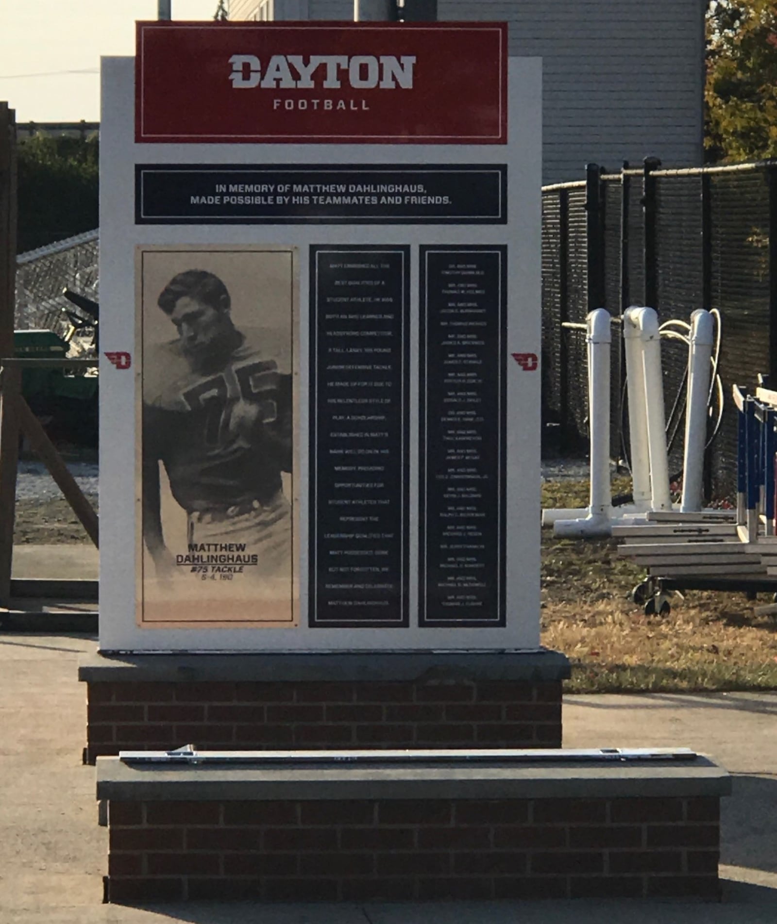 The new Matt Dahlinghaus Memorial that will be unveiled next Friday at the Dayton Flyers Von Mohr Ffootball practice field.  Tom Archdeacon/CONTRIBUTED