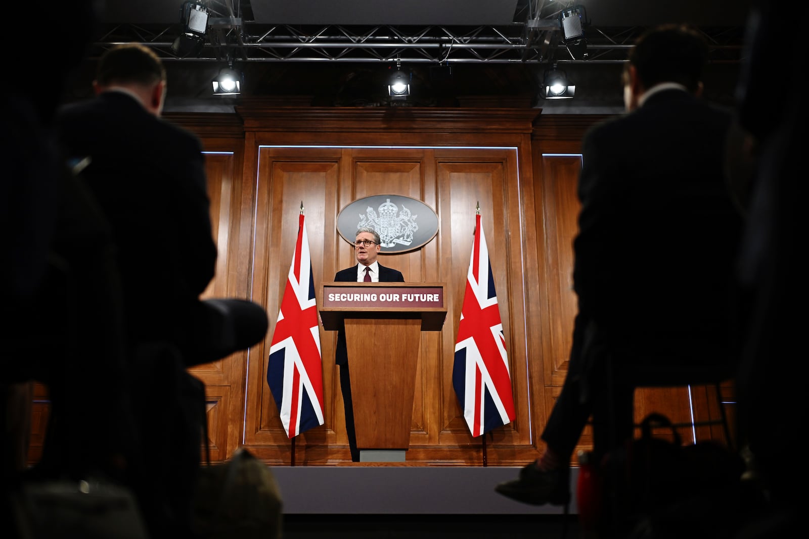 Britain's Prime Minister Keir Starmer speaks at a press conference following this morning's virtual summit video conference at 10 Downing Street in London, England, March 15, 2025. (Leon Neal/Pool Photo via AP)