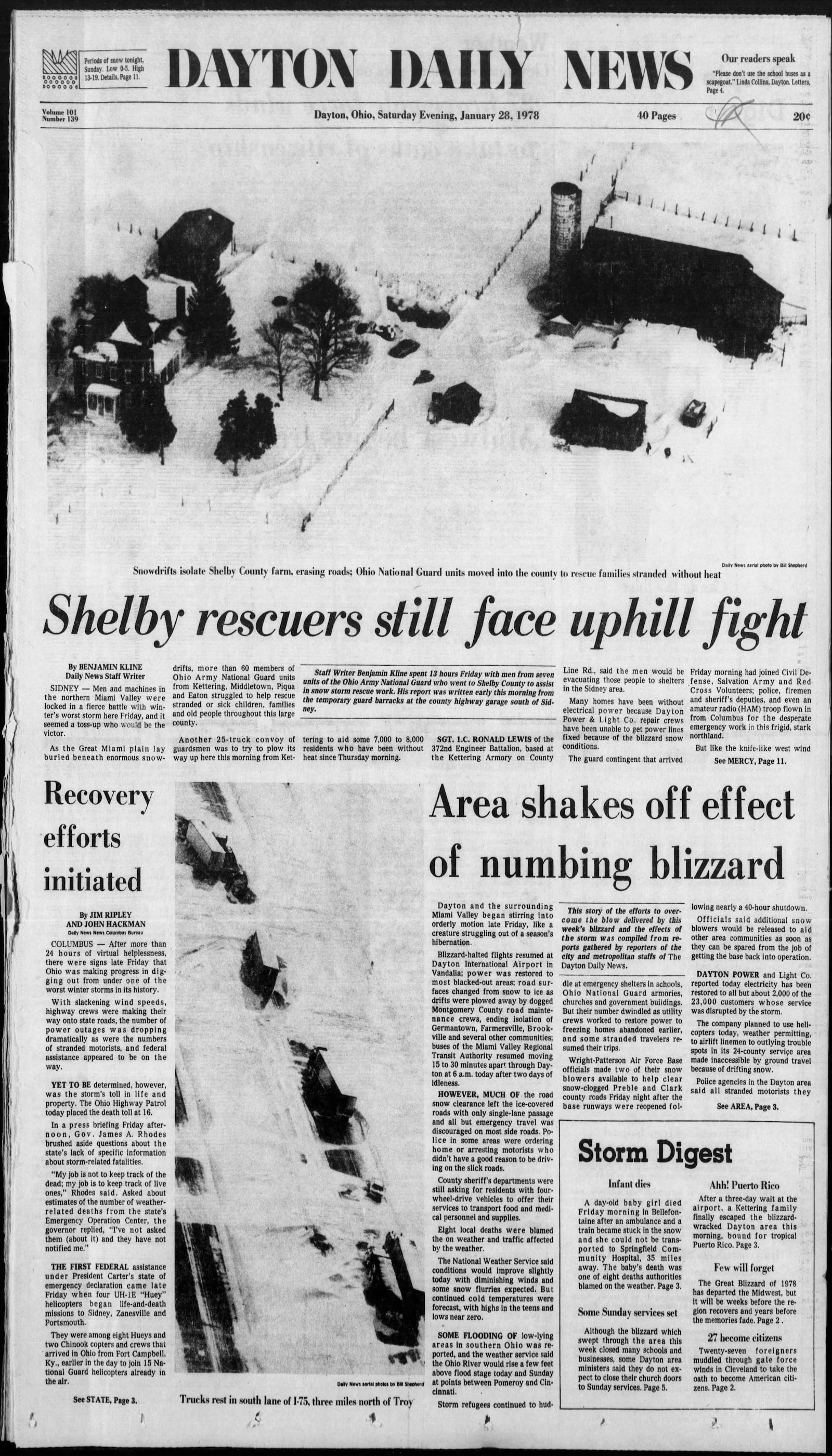 January 28, 1978:  The front page of the Dayton Daily News covering the Blizzard of 1978.