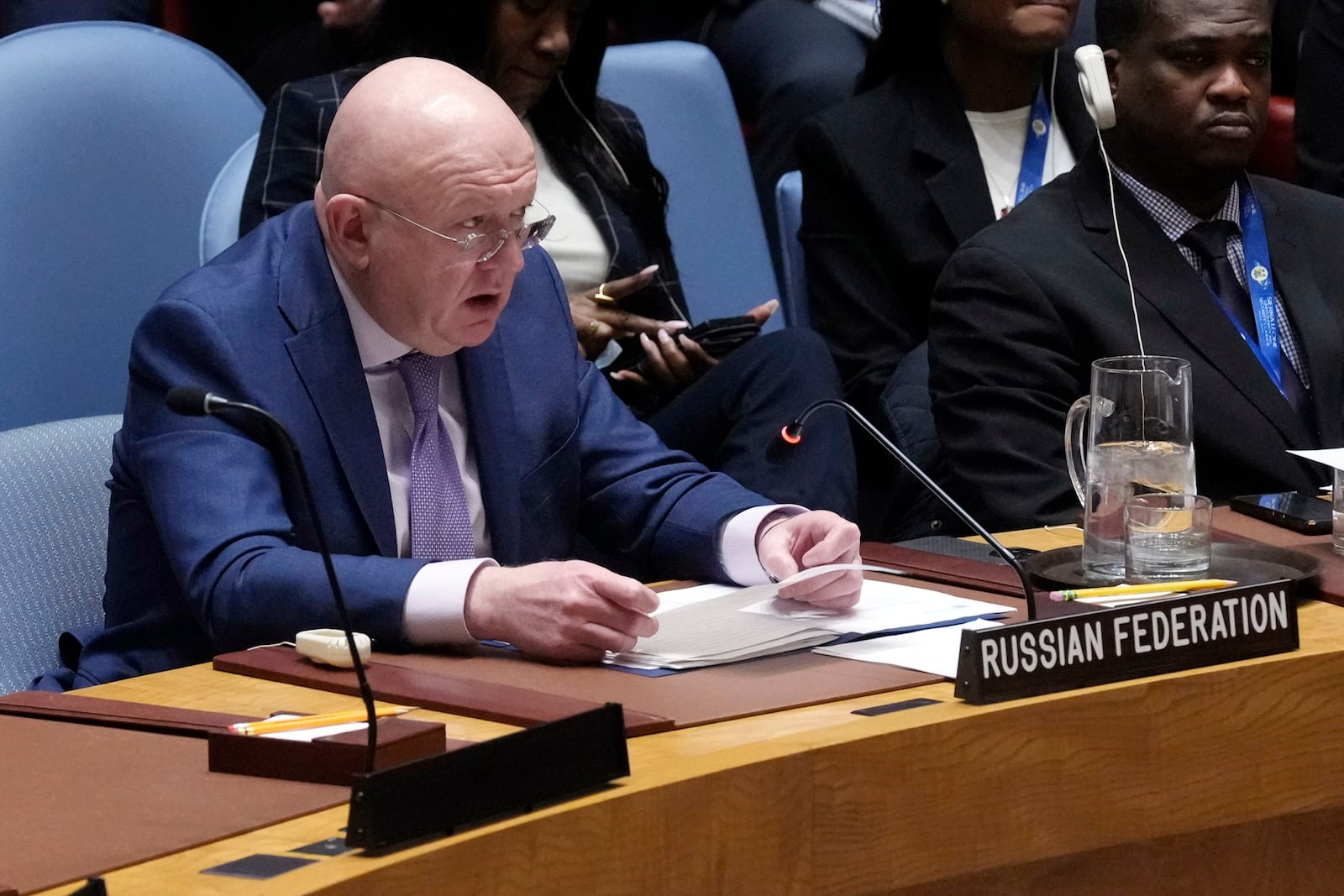 Russia Ambassador Vasily Nebenzya addresses the UN Security Council, Monday, Feb. 24, 2025, at the United Nations headquarters. (AP Photo/Richard Drew)