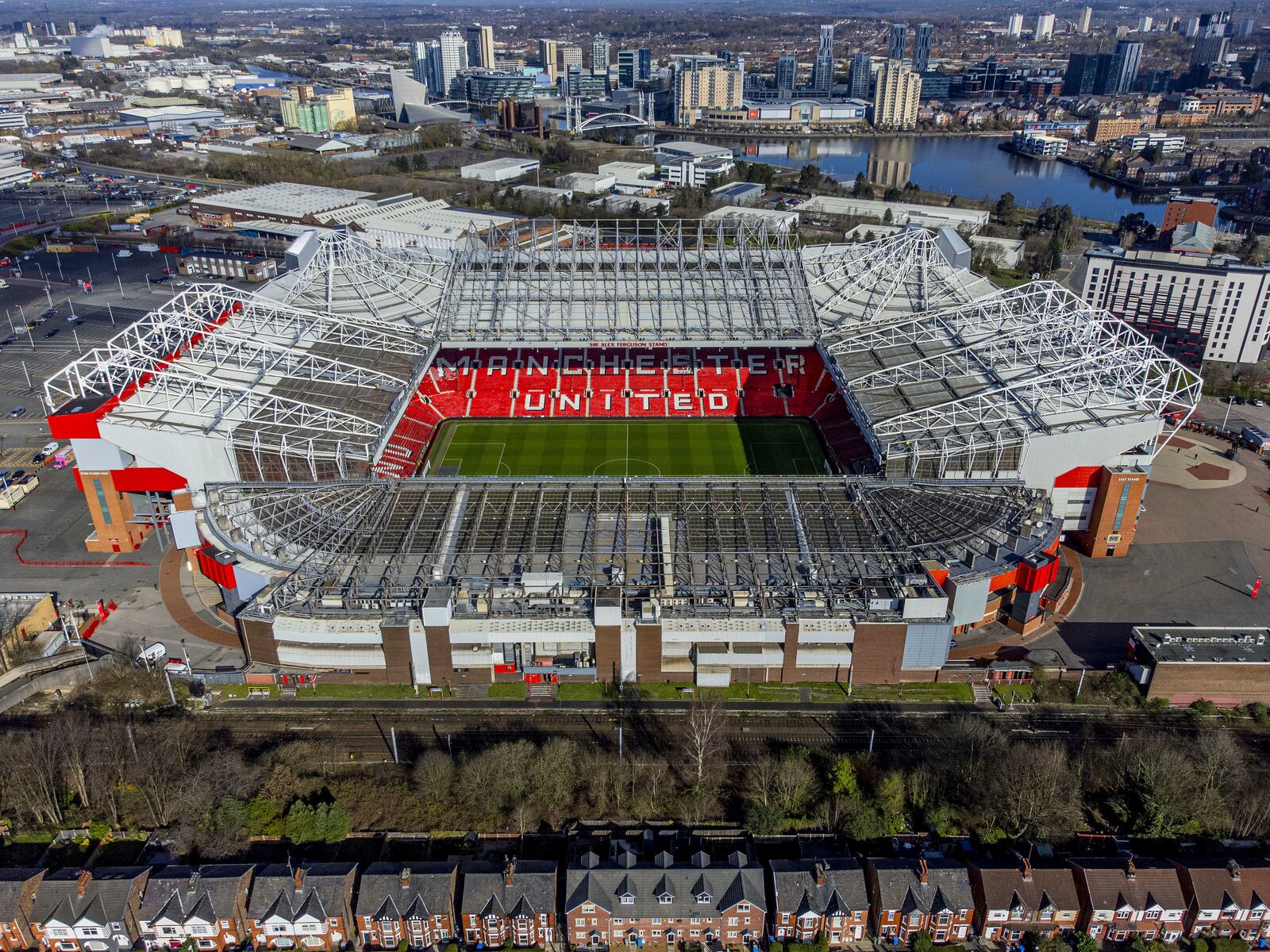 FILE - Aerial photo of the Old Trafford stadium, home of Manchester United in Manchester, England, March 27, 2023. (Peter Byrne/PA via AP, File)