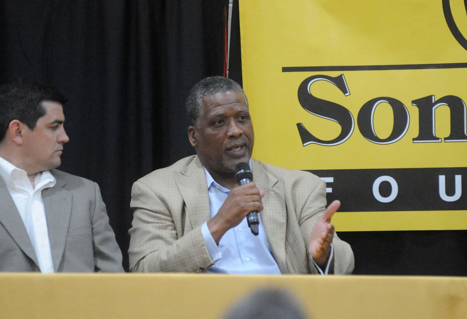 Trotwood-Madison football coach Jeff Graham (right) addressed a wide range of topics during the Sonny Unger memorial scholarship banquet at Fairhaven Church in Centerville on Tuesday, May 8, 2018. MARC PENDLETON / STAFF