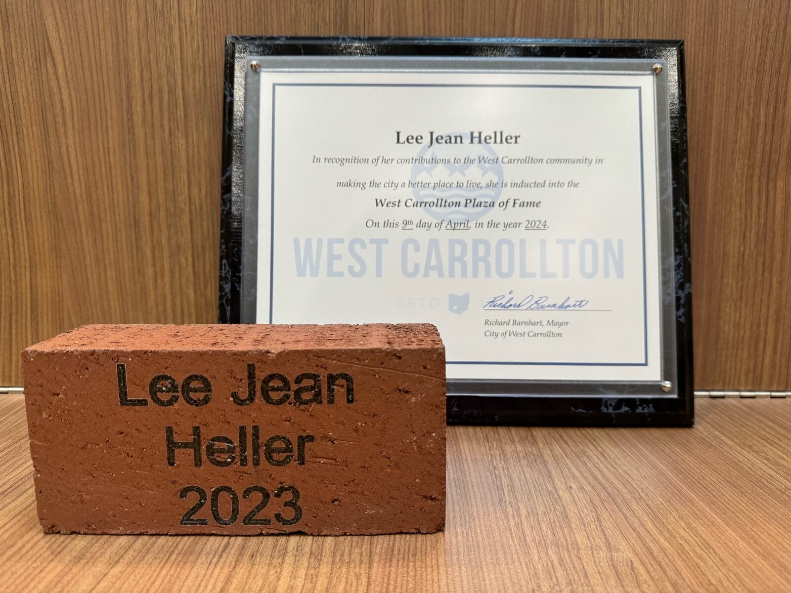 Lee Jean Heller was inducted into the West Carrollton Plaza of Fame at a West Carrollton City Council meeting Tuesday, April 9, 2024. The annual award recognizes current or former residents for making the city a better place to live and work. CONTRIBUTED