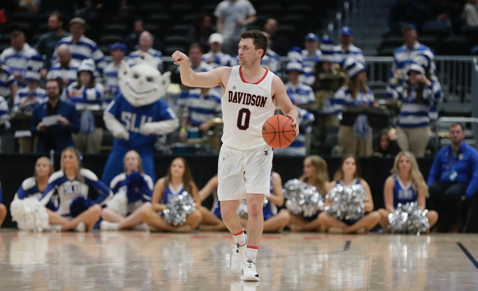 Davidson's Foster Loyer brings the ball up the court against Saint Louis in the semifinals of the Atlantic 10 Conference tournament on Saturday, March 12, 2022, at Capital One Arena in Washington, D.C. David Jablonski/Staff