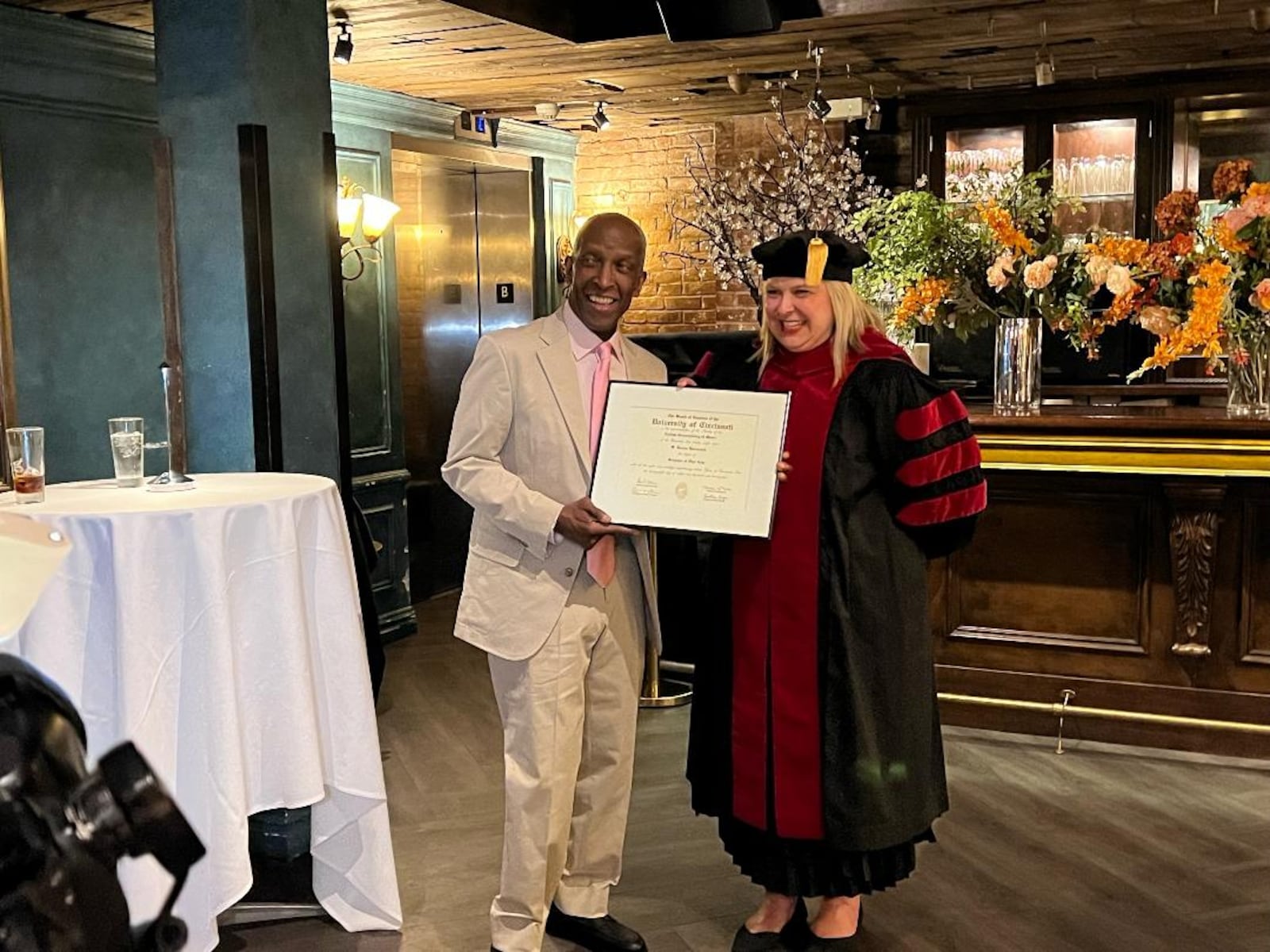 Dorian Harewood with Jennifer Heisey, Chief Alumni Officer, CCM, at Bond 45 in New York City. Photo by Sean Katz