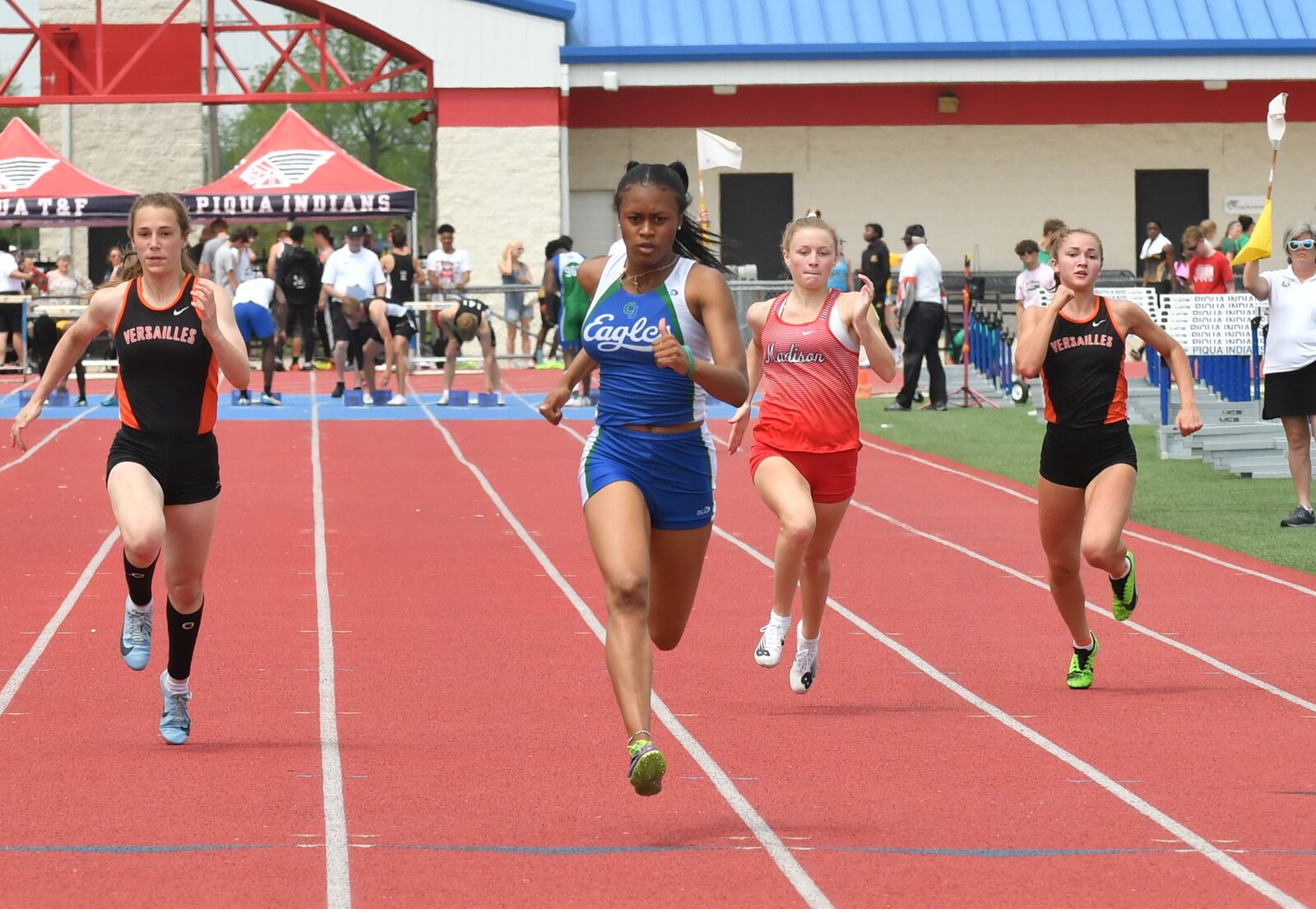 Chaminade Julienne junior Jadyn Haywood won the 100 dash in a D-II district record 12.05 at Piqua. Greg Billing/Contributed