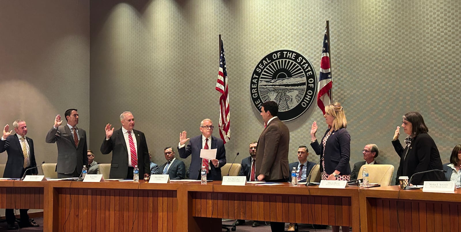 Members of the Ohio Redistricting Commission are sworn in by Gov. Mike DeWine on Sept. 13, 2023.