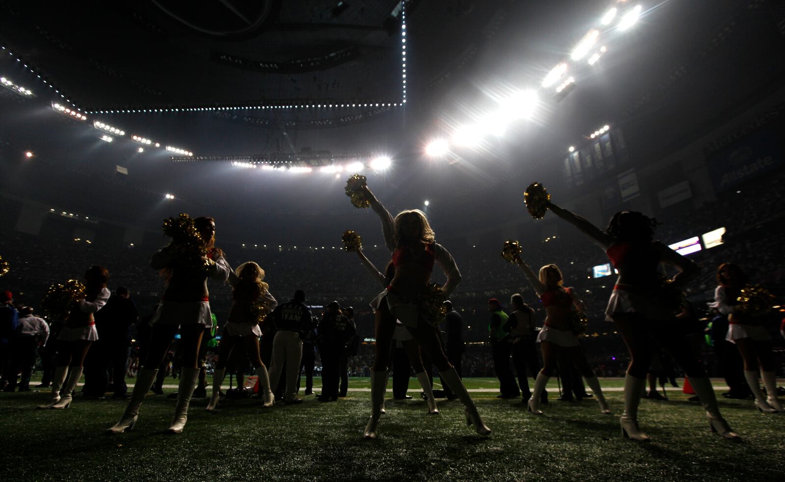 FILE - San Francisco 49ers cheerleaders perform during a power outage at the Superdome in the second half of the NFL Super Bowl XLVII football game between the 49ers and the Baltimore Ravens, in New Orleans, Feb. 3, 2013. (AP Photo/Evan Vucci, File)