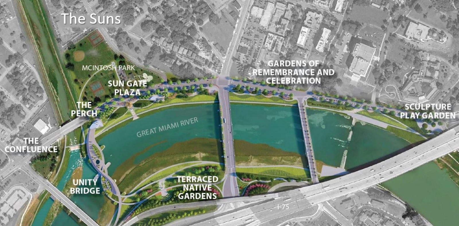 A conceptual site plan and map for the Suns, which is a proposed $150 million project that would create a dazzling new pedestrian bridge, a new park called Sunset park and that would improve the riverbanks and existing parks along it. CONTRIBUTED