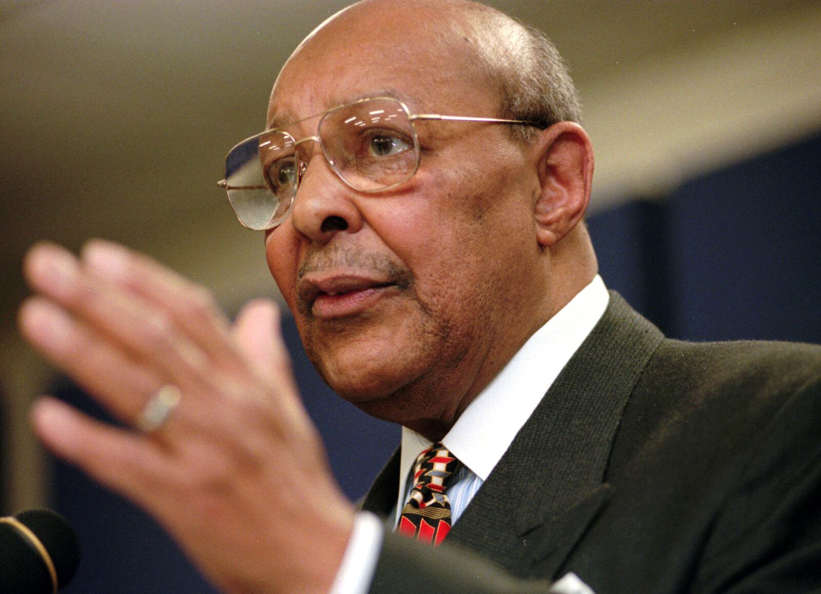 FILE - In this Saturday, Jan. 17, 1998, file photo, Rep. Louis Stokes, D-Ohio, announces, at the Carl B. Stokes Social Services Mall in Cleveland, that he will retire from Congress at the end of the year. Stokes, a 15-term Ohio congressman who took on tough assignments looking into assassinations and scandals, died late Tuesday, Aug. 18, 2015. Stokes was 90. (AP Photo/Tony Dejak, File)