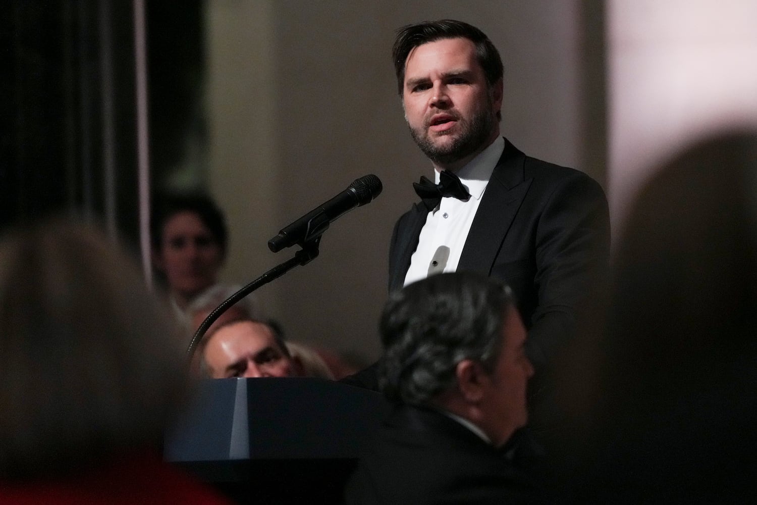 Vice President-elect JD Vance speaks at the Vice President’s Dinner at the National Gallery of Art in Washington, on Saturday, Jan. 18, 2025. (Eric Lee/The New York Times)