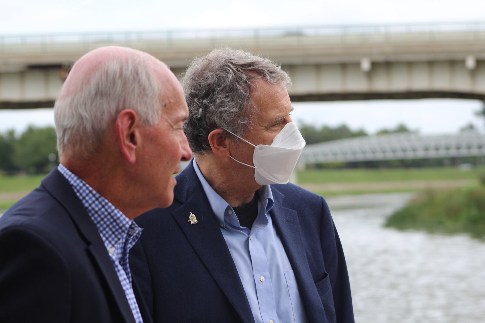 U.S. Sen. Sherrod Brown, D-Ohio, held a press conference with Montgomery County Engineer Paul Gruner to discuss the bipartisan infrastructure bill, which could help repair or replace some bridges in the county. CORNELIUS FROLIK / STAFF