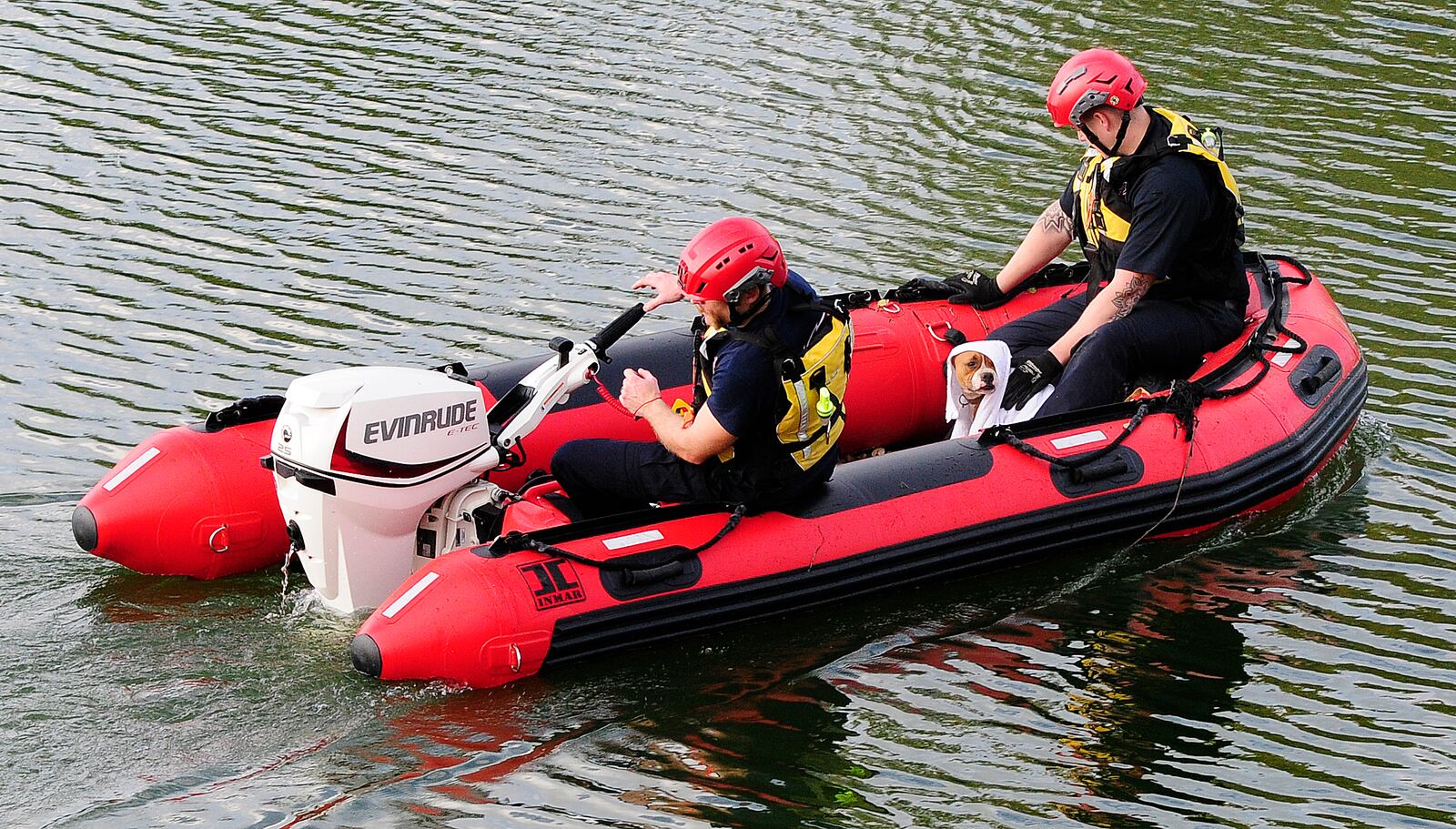 Several local fire departments assisted Trotwood Fire Department with the rescue of a dog that fell 15 feet from a cliff Thursday, Sept. 22, 2022, at Madison Lakes Park in the 500 block of Olive Road in Trotwood. MARSHALL GORBY\STAFF