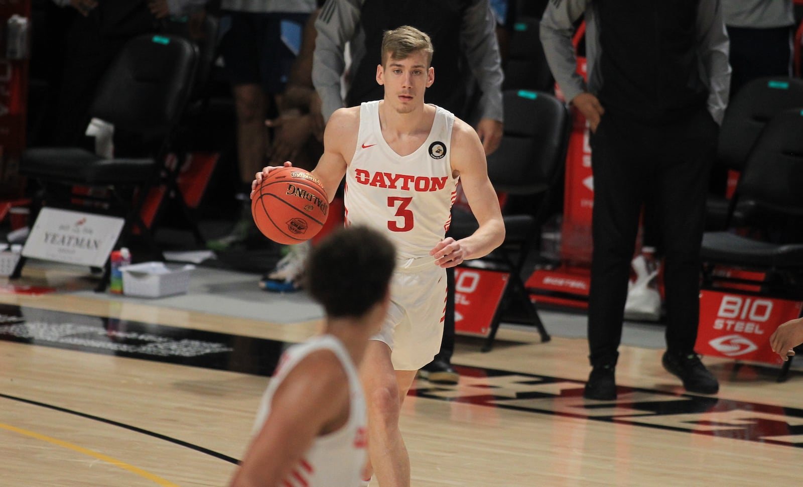 Dayton's Luke Frazier dribbles against Rhode Island in the Atlantic 10 tournament on Thursday, March 4, 2021, at the Siegel Center in Richmond, Va. David Jablonski/Staff