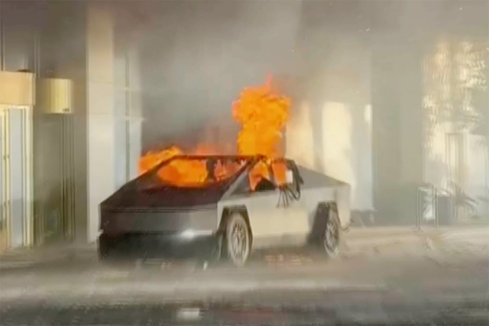 This image provided by Alcides Antunes shows a Tesla Cybertruck that exploded outside President-elect Donald Trump's Las Vegas hotel early Wednesday, Jan. 1, 2025. (Alcides Antunes via AP)