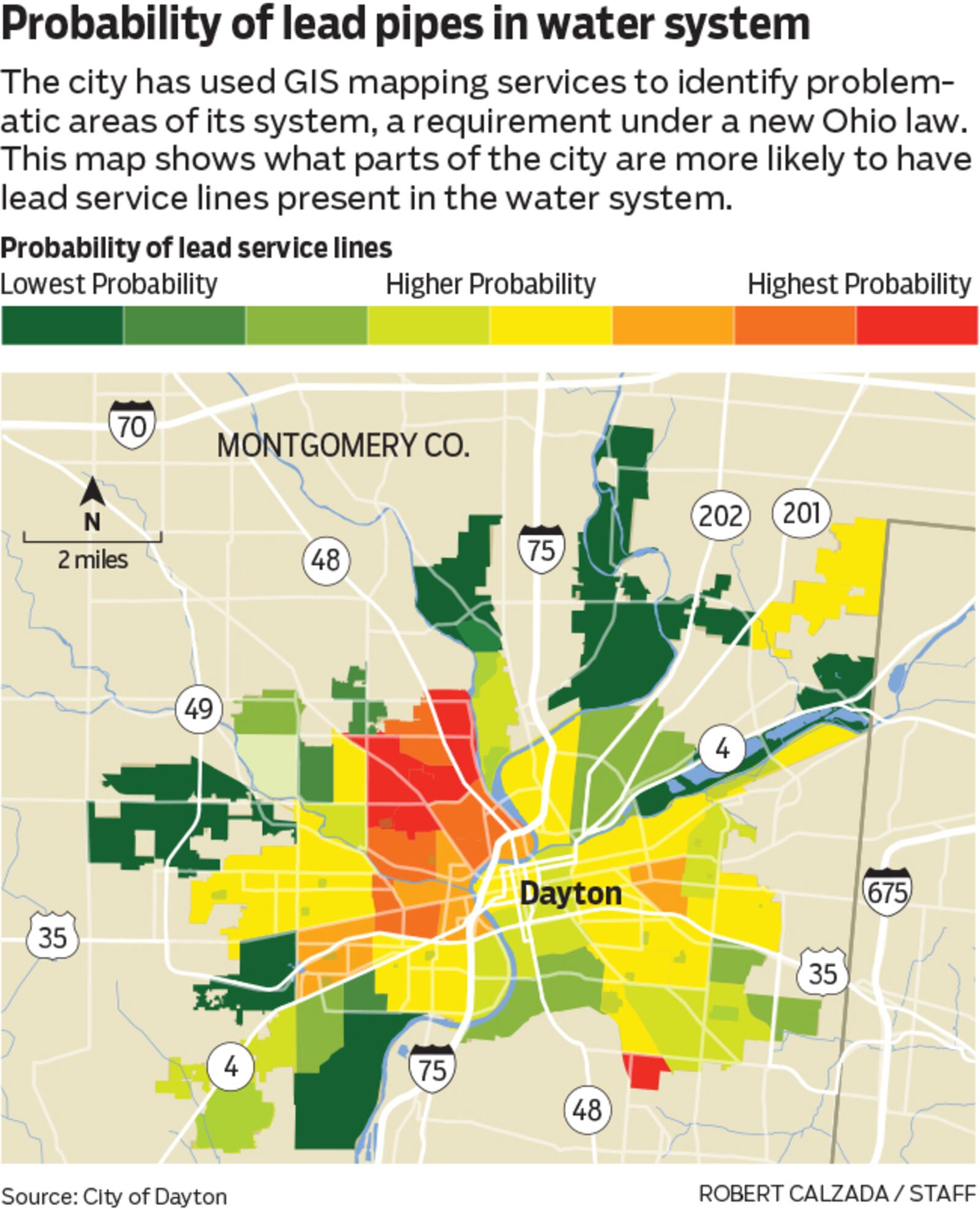 This map shows what parts of the city are more likely to have lead service lines present in the water system.