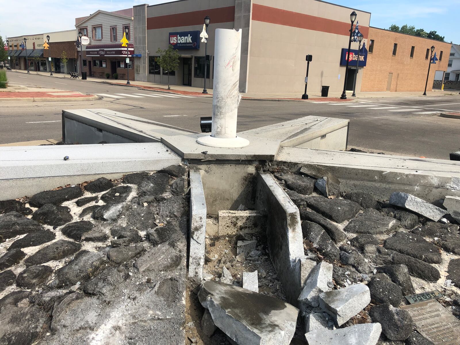 A June 2021 traffic accident caused significant damage to the Fairborn Veteran's Memorial in the intersection of Main Street and Central Avenue, the location of the monument for more than 30 years. NICK BLIZZARD/STAFF