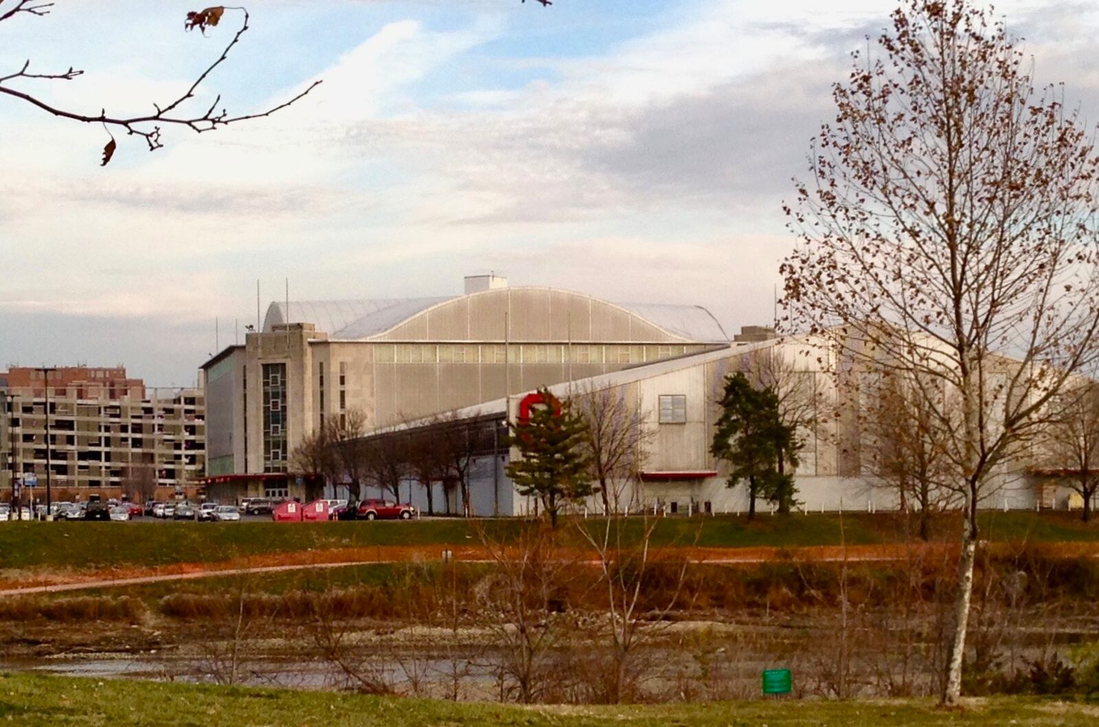 A view of St. John Arena and the French Field House on the campus of Ohio State University from across the Olentangy River.