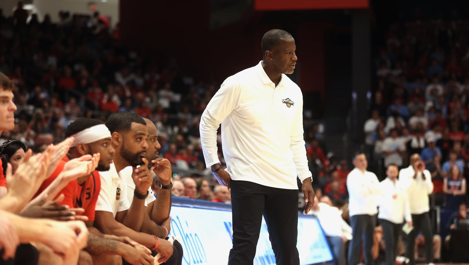 Dayton's Anthony Grant coaches during an exhibition game against Xavier on Sunday, Oct. 20, 2024, at UD Arena. David Jablonski/Staff